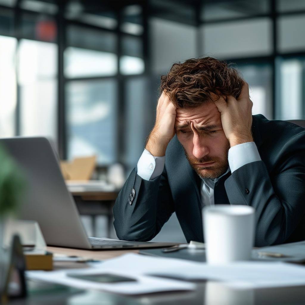 A subtle overlay of a professional looking overwhelmed at their desk, symbolizing challenges in sales or missed opportunities A subtle overlay of a professional looking overwhelmed at their desk, symbolizing challenges in sales or missed opportunities